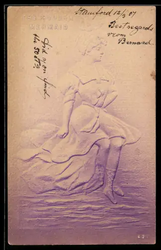 Präge-AK Dame sitzt am Wasser, Jugendstil