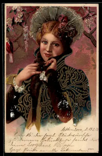 Lithographie Elegante Dame mit Haube, Jugendstil