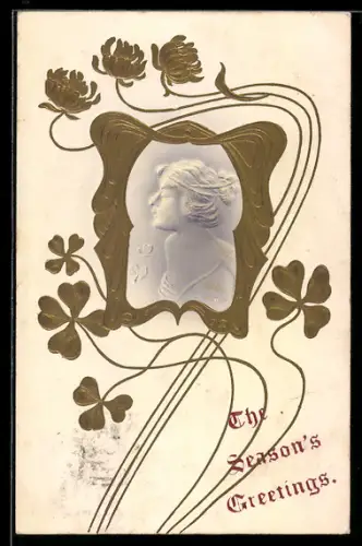 Präge-AK Profil einer Dame in goldenem Rahmen mit Klee, Jugendstil