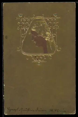 Präge-AK Dame mit Rose im Haar im Jugendstil