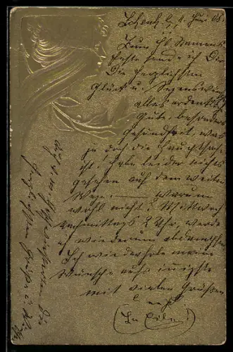 Präge-AK Profil einer Dame mit Blättern, Jugendstil