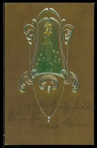Präge-AK Dame auf einer Blumenwiese im Jugendstil