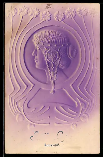 Präge-AK Profil einer Dame mit Kopfschmuck, Jugendstil
