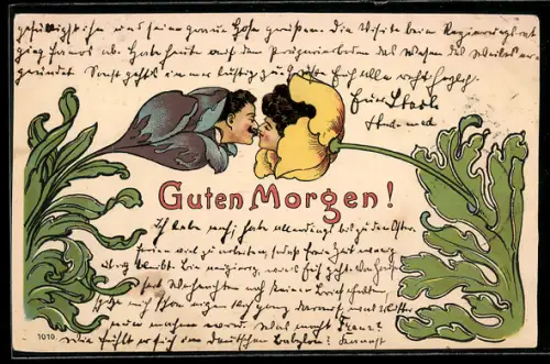 AK Metamorphose, aus Blumen werden Frau und Mann, die sich küssen
