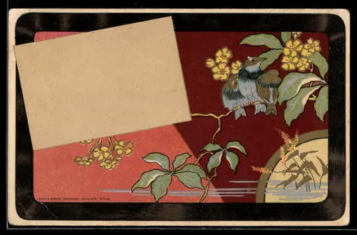 AK Vögel sitzen auf einem Ast mit Blumen im Jugendstil