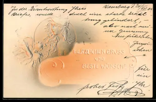 Präge-AK Dame mit wehendem Haar und Blume, Jugendstil