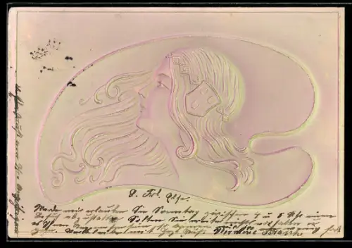 Präge-AK Junge Frau mit wehendem Haar, Jugendstil