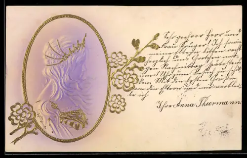 Präge-AK Profil einer Dame mit Diadem, Jugendstil