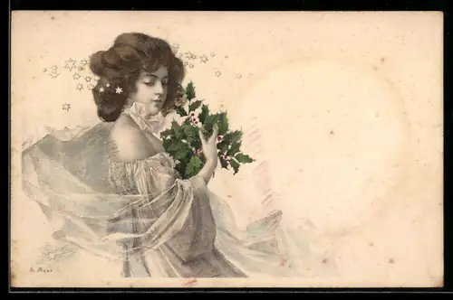 AK Jugendstil, Glückliches Neujahr!, Mädchen mit Stechpalmen