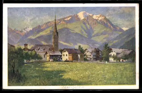 Künstler-AK Maishofen bei Zell, Kirche gegen die Hohen Tauern