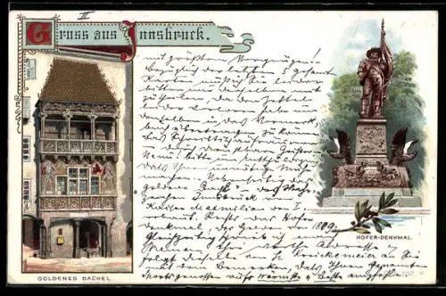 Lithographie Innsbruck, Gasthaus Goldenes Dachl, Hofer-Denkmal