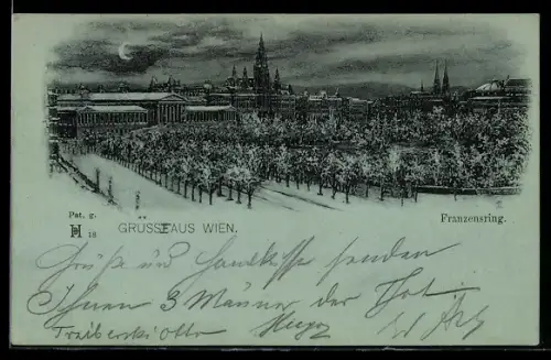 Mondschein-AK Wien, Franzensring mit Kirche im Winter