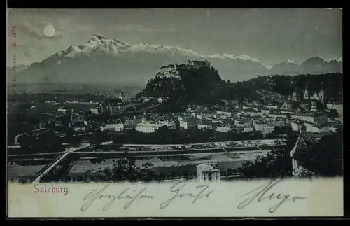 Mondschein-AK Salzburg, Teilansicht mit Festung