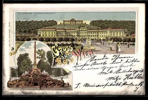 Lithographie Wien, K. k. Lustschloss Schönbrunn und Gloriette, Obelisk