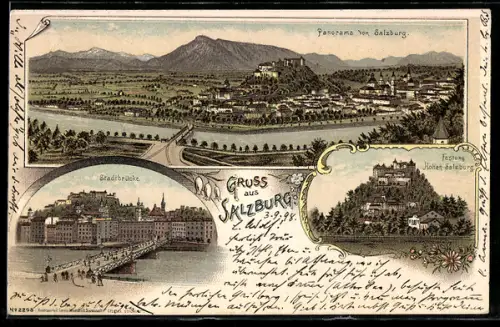 Lithographie Salzburg, Stadtbrücke, Panorama, Festung Hohen-Salzburg