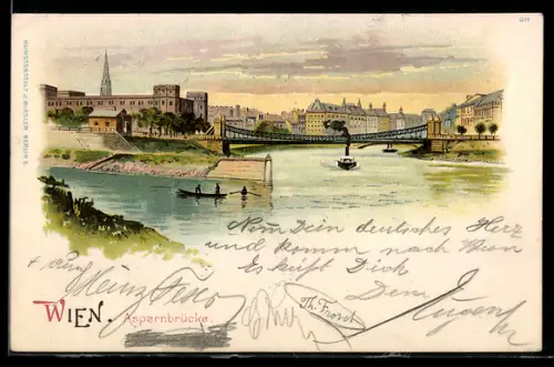 Lithographie Wien, Aspernbrücke über die Donau