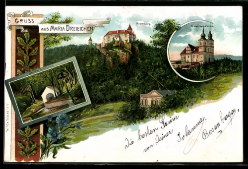 Lithographie Maria Dreieichen, Panorama mit Rosenburg und Drei-Eichen-Kirche