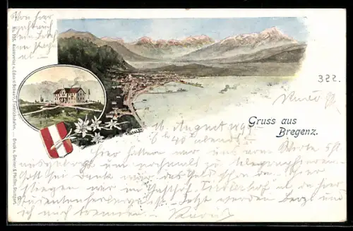 AK Bregenz, Panorama mit Bodensee und Alpen