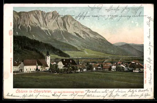 AK Öblarn in Obersteier, Ort mit Kirche und Grimming Gebirge