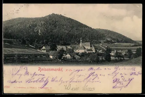 AK Alland /N.-Ö., Reisenmarkt, Panorama mit Kirche