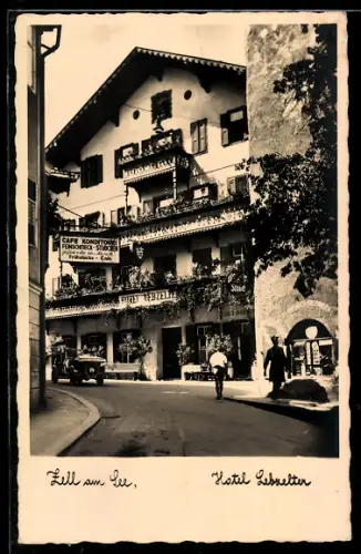 AK Zell am See, Hotel Lebzelten mit Café und Balkonfassade
