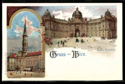 Lithographie Wien, Michaelerkirche und Neues Burgtor