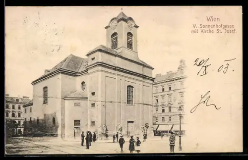 AK Wien, Sonnenhofgasse mit Kirche St. Josef