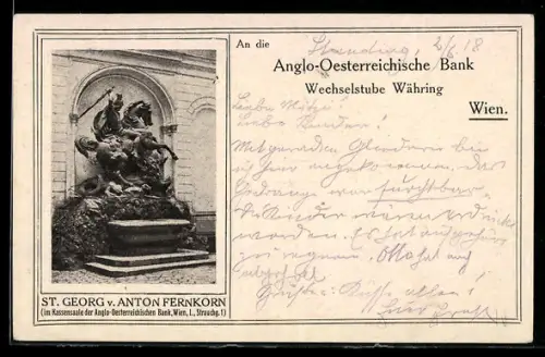 AK Wien, Anglo-Österreichischen Bank, Strauchgasse 1, Statue St. Georg von Anton Fernkorn in der Kassenhalle