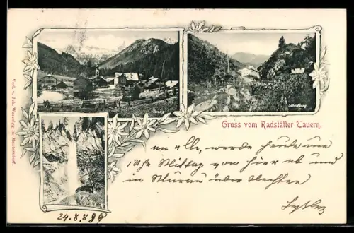 AK Tweng /Radstätter Tauern, Panorama mit Kirche und Wasserfall
