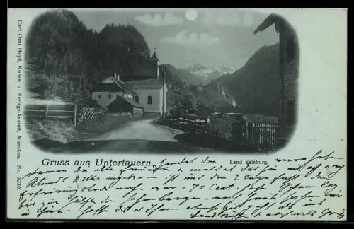 Mondschein-AK Untertauern /Salzburg, Dorfpartie mit Kirche und Gebirgspanorama