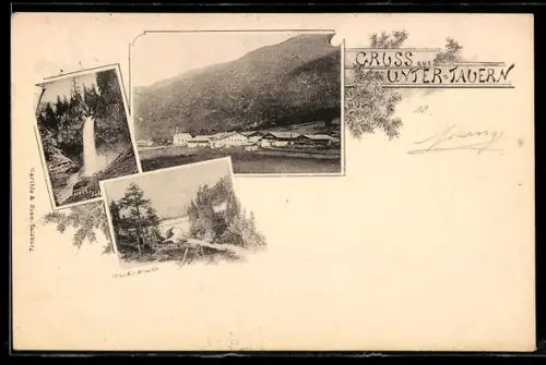 AK Unter-Tauern, Panorama mit Ort und Bergkulisse, Wasserfall