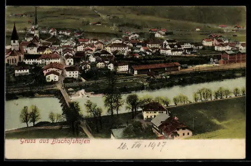 AK Bischofshofen, Panorama mit Brücke und Kirche
