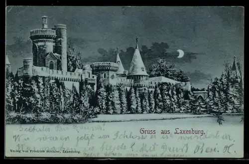 Mondschein-AK Laxenburg, Schloss, Nachtansicht