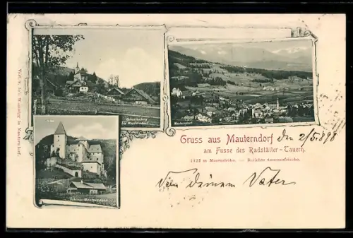 AK Mauterndorf, Schloss und Panorama mit Kirche am Fusse der Radstätter Tauern