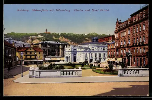 AK Salzburg, Makartplatz mit Mönchsberg, Theater und Hotel Bristol