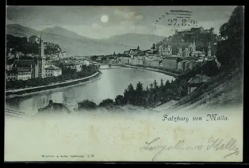 Mondschein-AK Salzburg, Panorama von Mülln mit Salzach und Festung