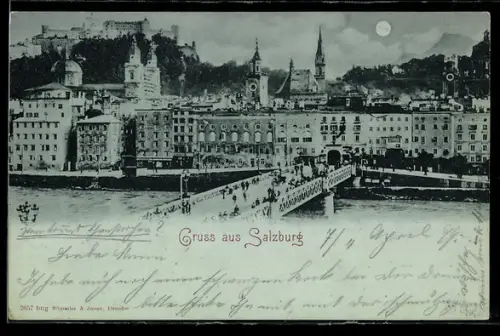 Mondschein-AK Salzburg, Altstadt mit Salzachbrücke und Festung