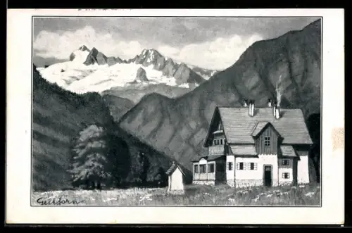 AK Bad Aussee, Dachstein von der Wasnerin bei Bad Aussee, Bergpanorama mit Berghaus