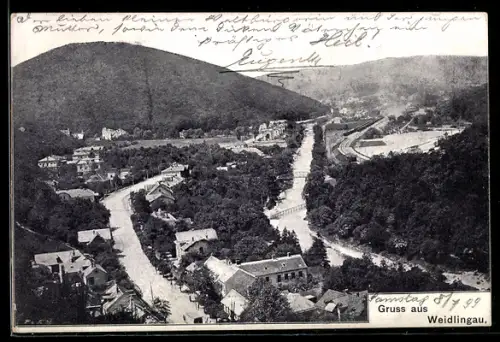 AK Weidlingau, Ortsansicht mit Fluss, Brücke und Bahngleisen