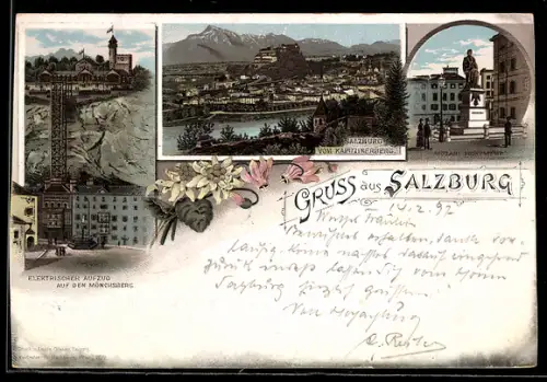 Lithographie Salzburg, Elektrischer Aufzug auf den Mönchsberg, Panorama vom Kapuzinerberg, Mozartdenkmal
