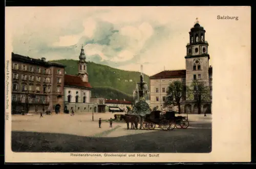 AK Salzburg, Residenzbrunnen, Glockenspiel und Hotel Schiff