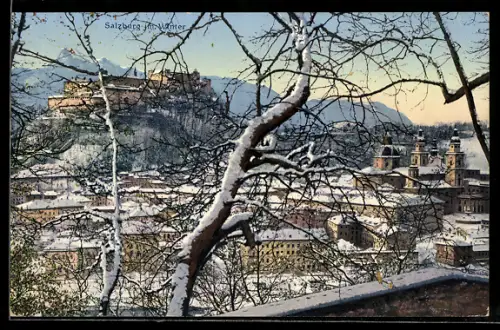 AK Salzburg, Winteransicht mit Festung Hohensalzburg