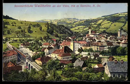 AK Waidhofen an der Ybbs, Panorama mit Viadukt und Eisenbahn