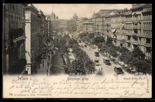 AK Wien, Kärntner Ring mit Grand Hotel und Strassenbahnen