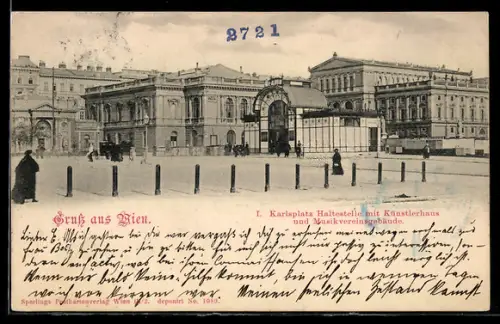 AK Wien, Karlsplatz, Haltestelle mit Künstlerhaus und Musikvereinsgebäude