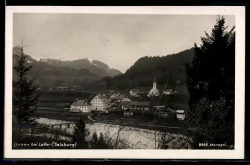 AK Unken bei Lofer, Ortspanorama mit Kirche und Fluss
