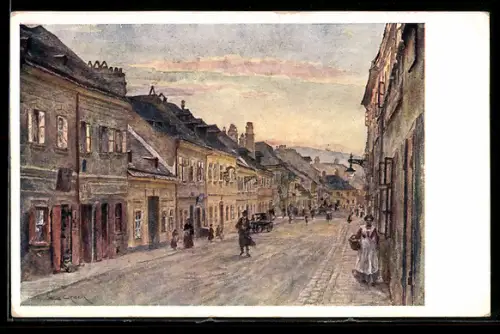 Künstler-AK Wien, Badgasse mit Häusern und Passanten