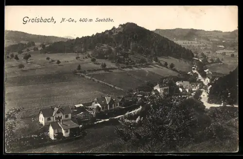AK Groisbach /N.-Oe., Panorama mit Ort und bewaldetem Hügel