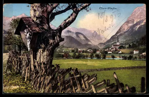 AK Pfarr-Werfen, Dorf mit Kirche und Bergpanorama