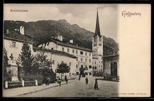 AK Hofgastein, Kaiserplatz mit Kirche, Hotel, Gasthof zum goldenen Adler